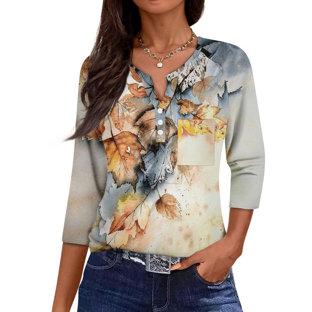 Women's Casual Fashion V-neck Loose Versatile Floral Print Three-quarter Sleeves