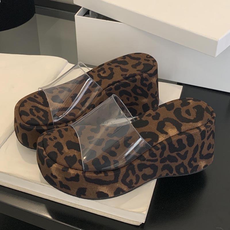 New Design PVC Transparent Leopard Print Platform Wedges Women's Slippers Summer High Heels Slide Shoes