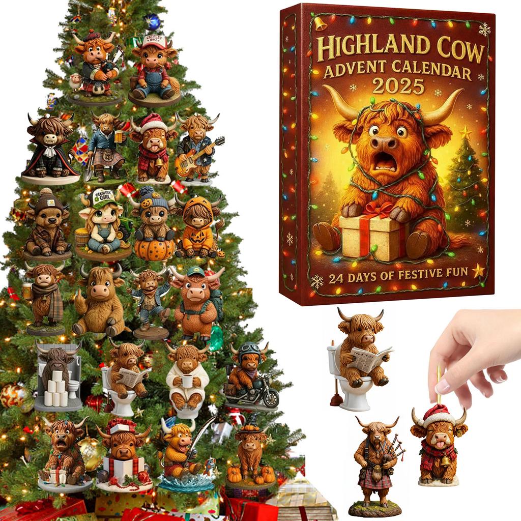 Highland Cow 24 Days Christmas Countdown Calendar with 24 Highland Cow Ornaments Advent Countdown Calendar Xmas Surprise Gifts