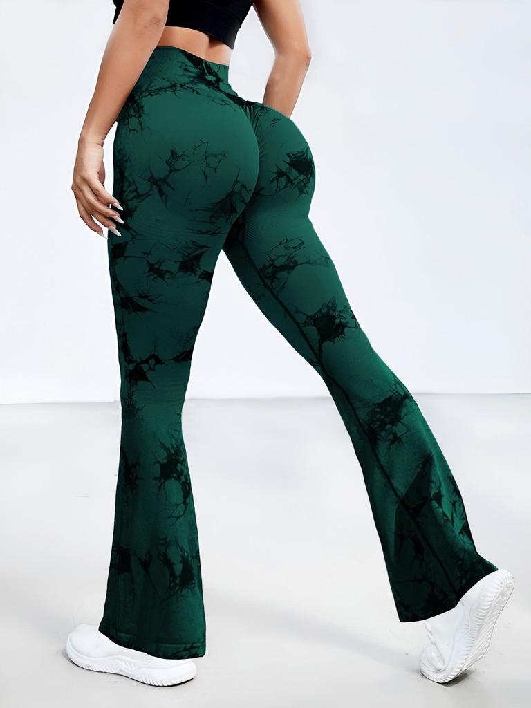Damen High-Waist Batik Schlag-Yoga-Hose - Pfirsich Po, Atmungsaktiv, Schlankmachend, Weitbeinige Fitness-Tights