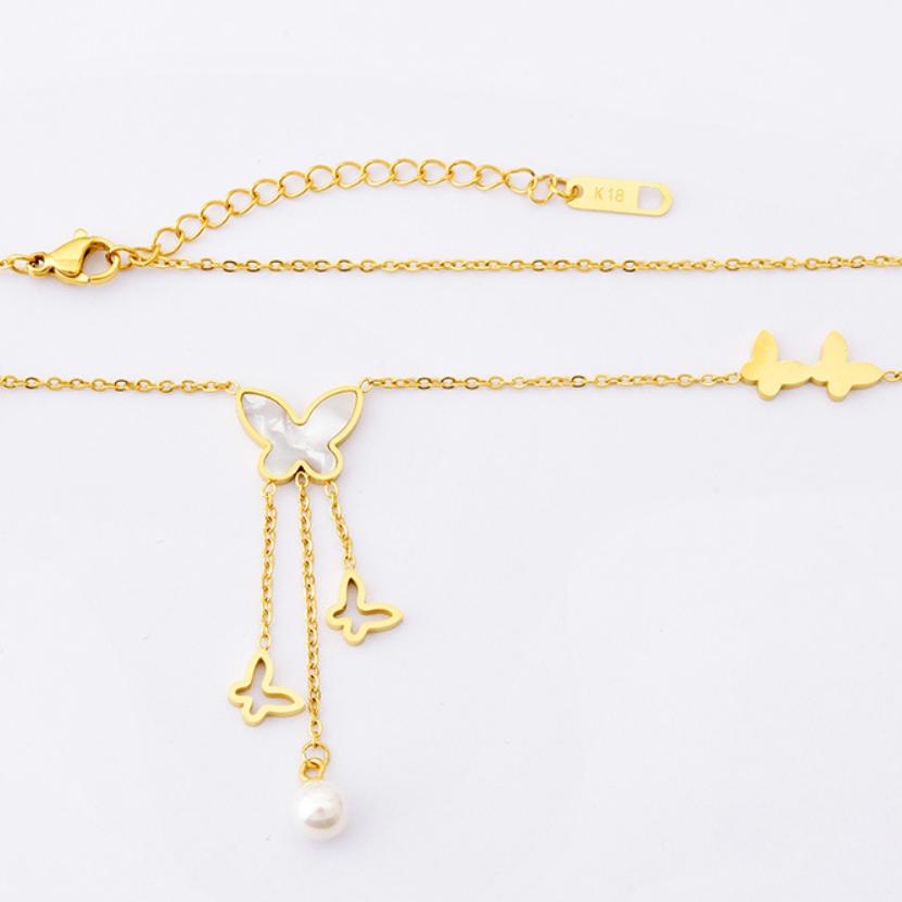 316L Stainless Steel New Fashion Fine Jewelry Pearl Butterfly Shell 3 Tassel Charms Chain Choker Necklaces Pendants For Women