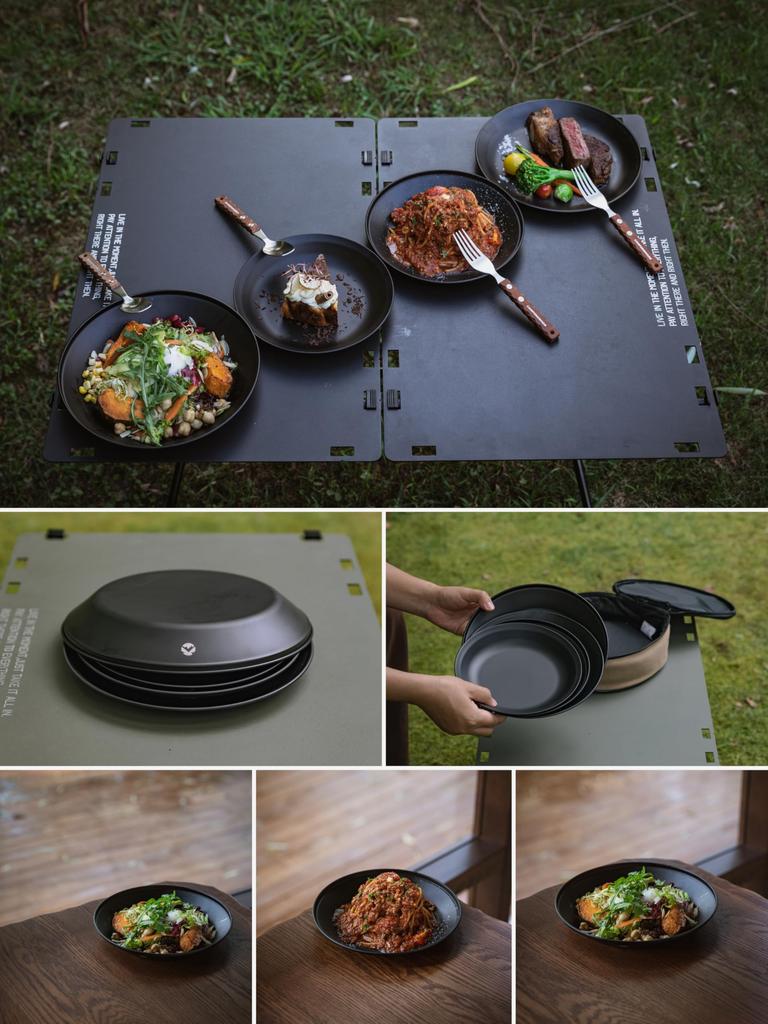 CAMPING MOON Outdoor Tableware Camping Stainless Steel Plates and Dish Set (4-Piece Set) with Canvas Case (BKS397-1S)