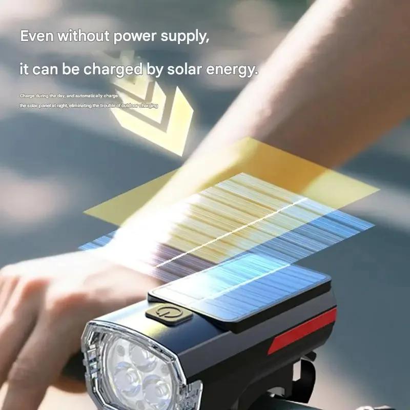 Bike Flashlight Bicycle Head Light 3 Modes Bicycle LED Front Light Solar Type-C Rechargeable for Emergency Cycling Accessoreis