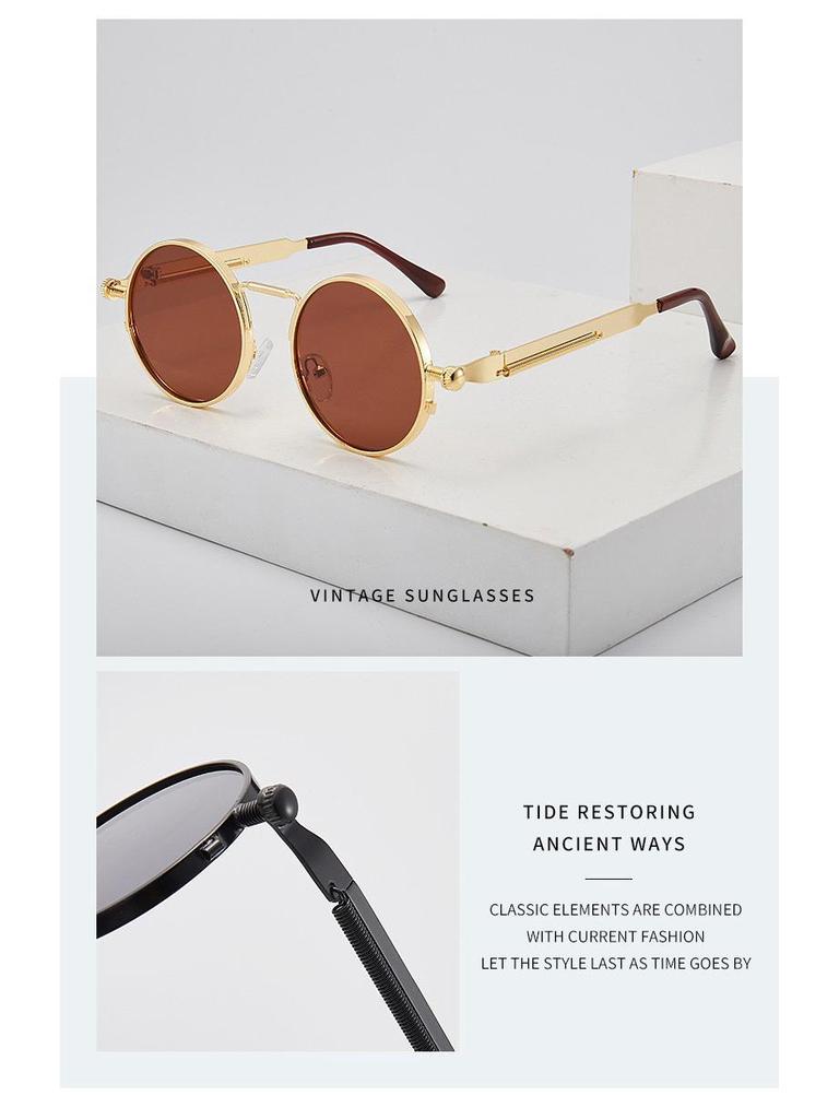 Steampunk Retro Round Sunglasses with Spring Temple for Men and Women