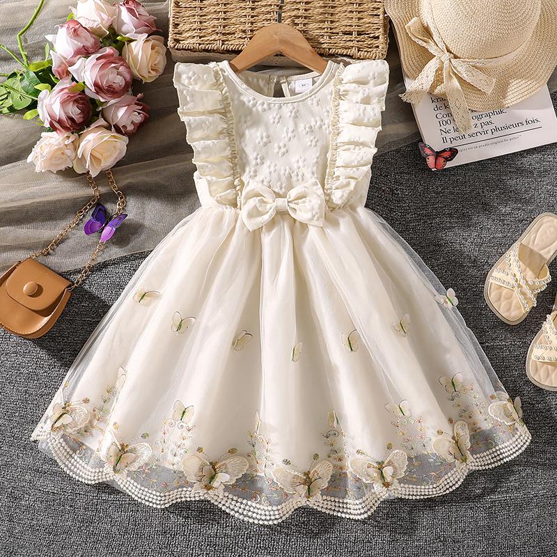Kids Princess Dress Girls O Neck Wing Sleeve Bowknot Floral Print Embroidery Summer Sweet Birthday Party Clothing
