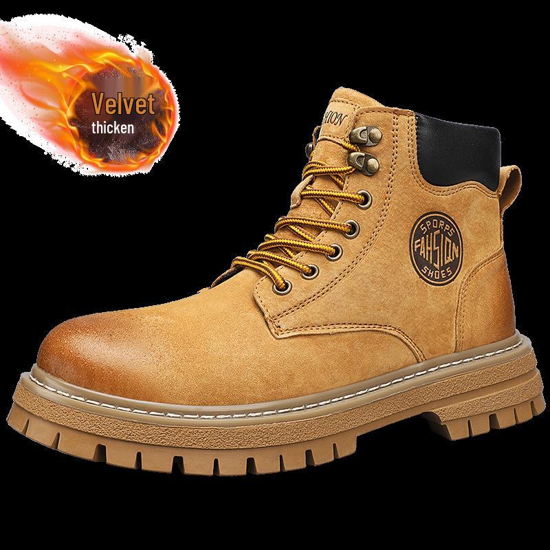 

Мужские осенне-зимние ботинки Мартин с высоким голенищем 2025 года, на плюшевой подкладке, теплые, универсальные, повседневные неубиваемые ботинки для рабочей одежды большого желтого цвета. Size 43