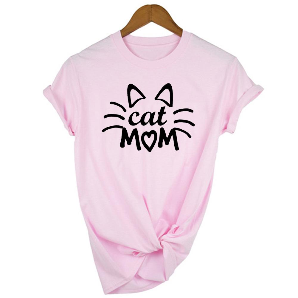 Stay At Home Cat Mom Print Women Shirts Casual Cute Cartoon White Summer Short Sleeve O