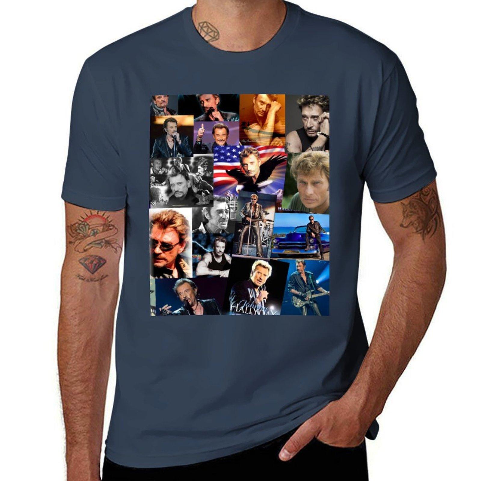Johnny Hallyday French Singer Assorted Rectangular Vintage Collage Tshirt Novelty Graphic Tee Shirt S