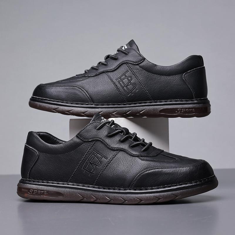 

Spring and autumn men s casual board shoes breathable soft leather handmade men s shoes low-top versatile real shoes 44 чёрный