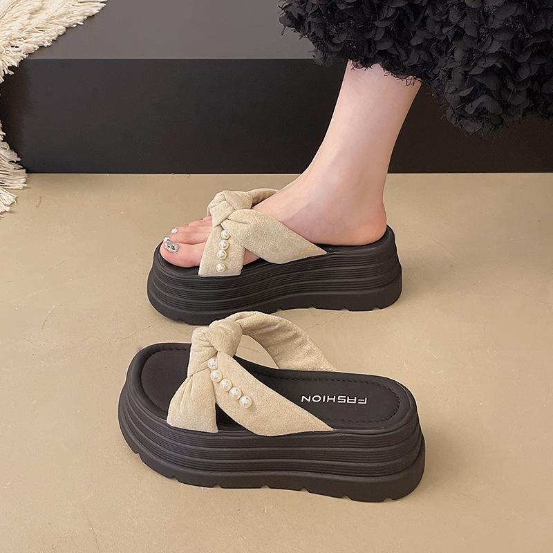 Pearl cross cool slippers women's summer wear popular new round head with skirt thick-soled beach slippers