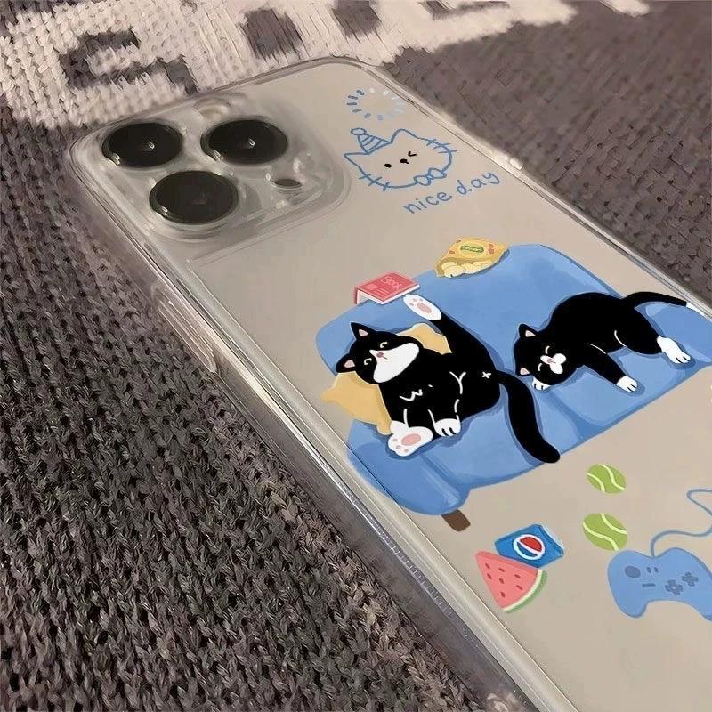 Lazy Cat Clear Phone Case, Cute Black Cat Sofa Pattern Shockproof Cover for iPhone