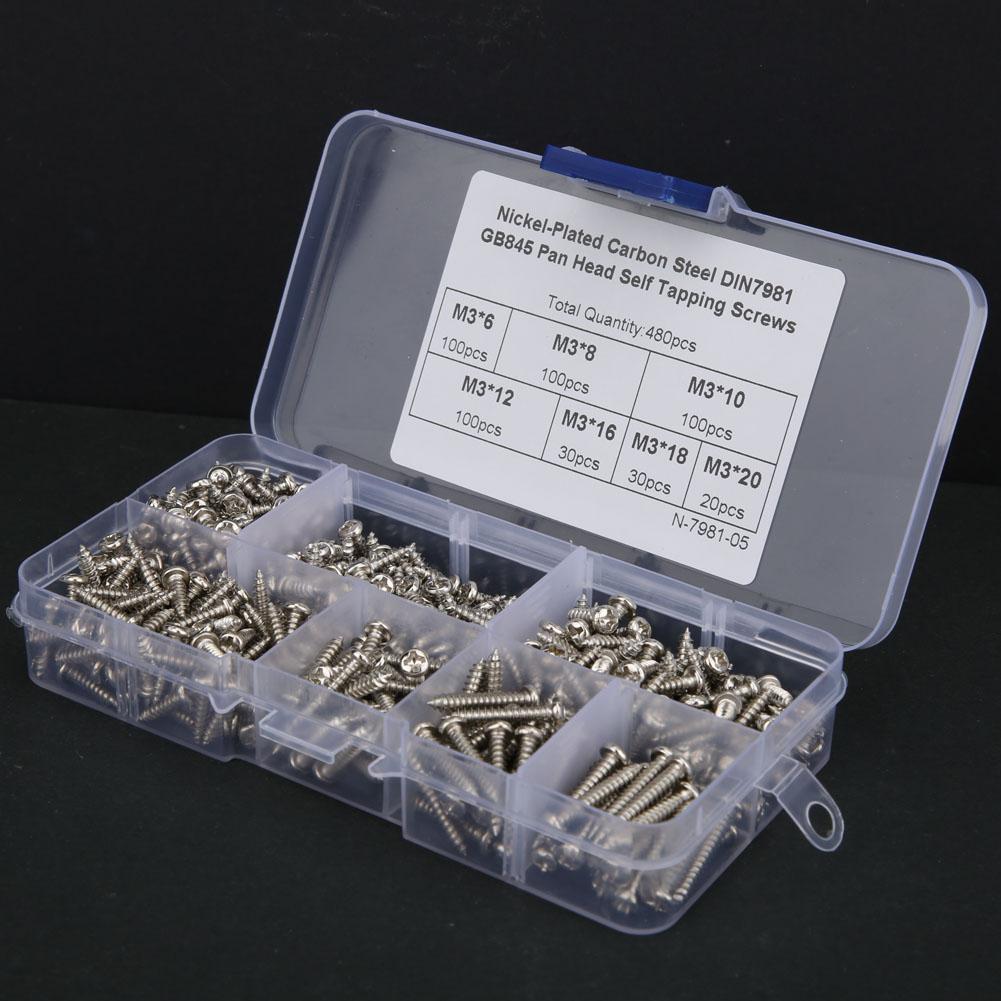 480Pcs Self Tapping Screw Pan Round Head Carbon Steel Fittings M3 Black Nickel Plating(Carbon Steel Black )