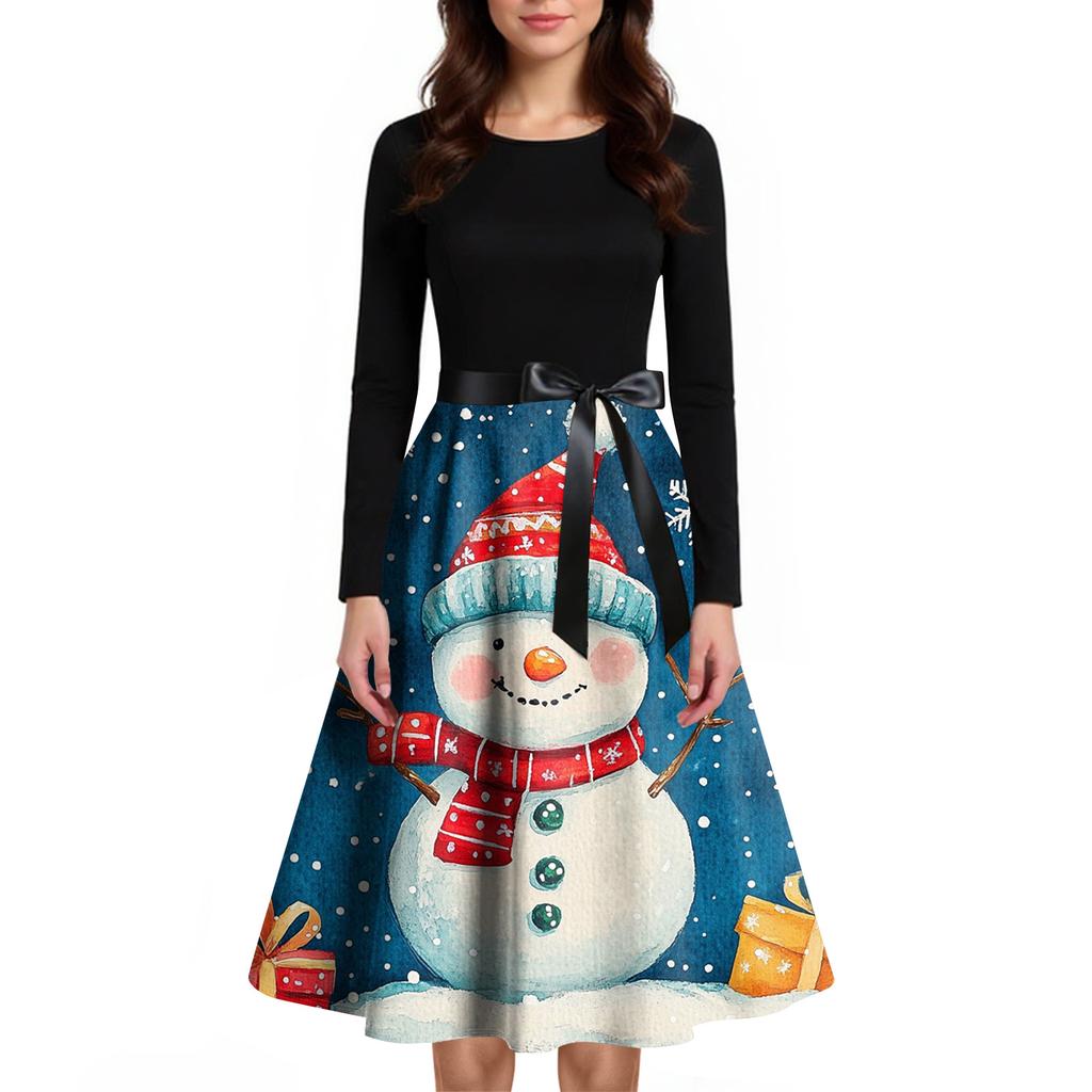 Women's Fashion Round Casual Slim Fit Christmas Print Large Swing Long Sleeve Dress