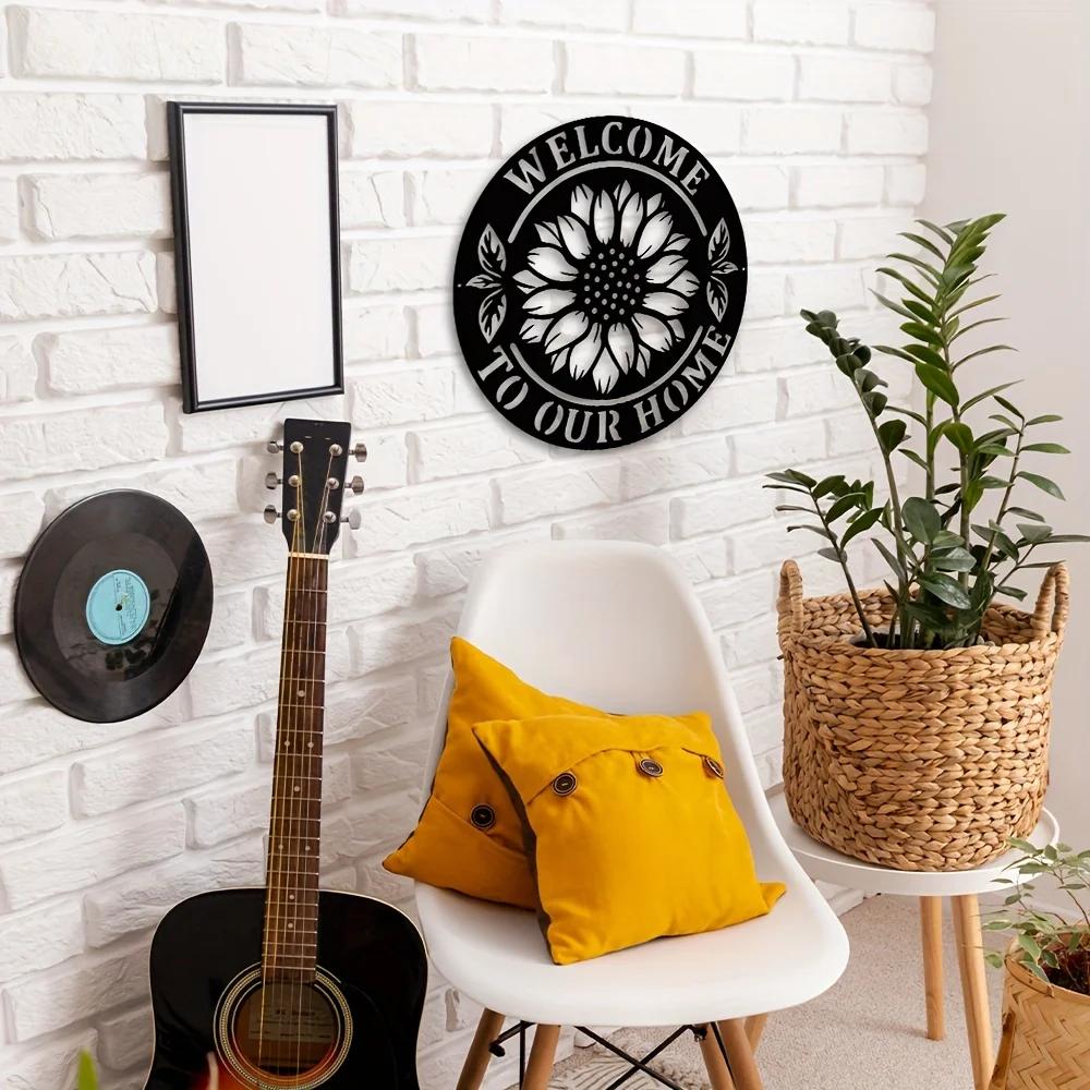 Semn metalic rotund cu floarea-soarelui de bun venit în casa noastră, decor de fermă Semn de bun venit cu floarea-soarelui, semn de bun venit pentru curte, decor de grădină
