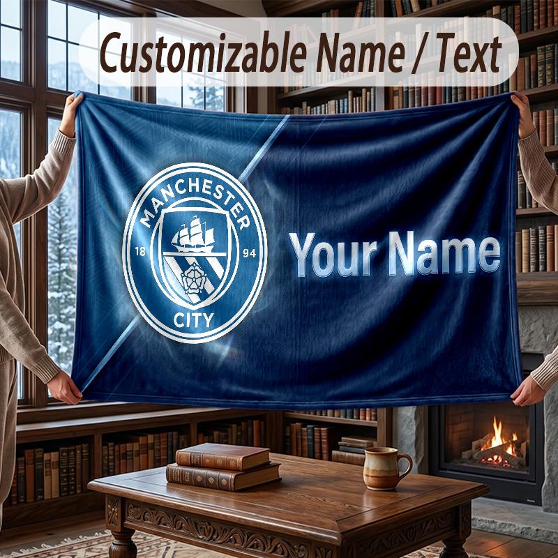 Custom Name Flannel Throw Blanket Manchester City Pattern Warm Home Decoration
