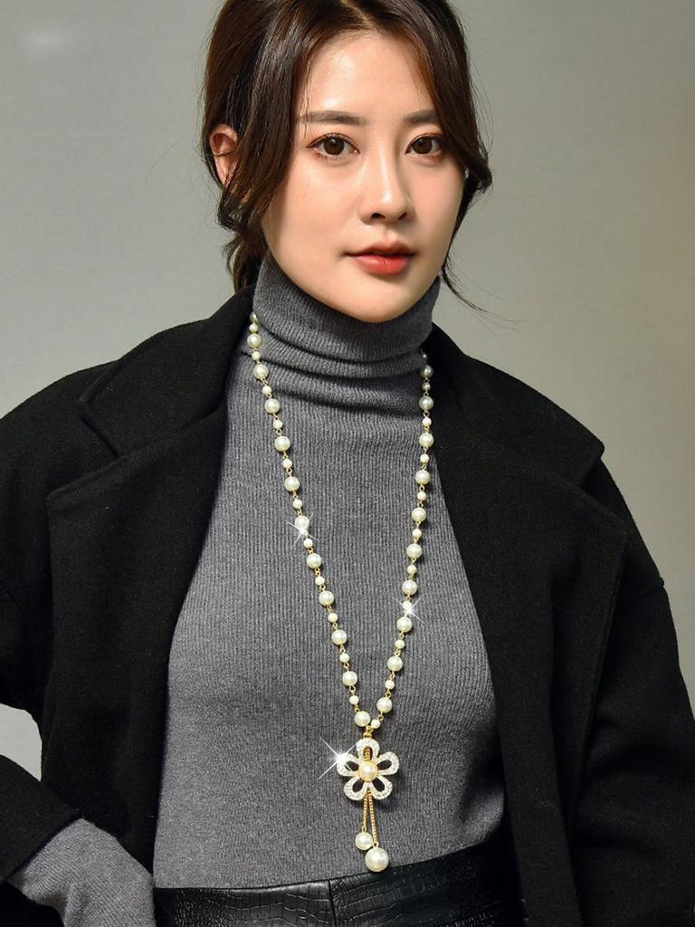 1pc Handmade Beaded Faux Pearl Zinc Alloy Flower Necklace For Daily Wear For Women