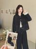 Women's Plus Size Spring & Autumn Denim Suit: Round Neck Jacket & Wide Leg Pants - Unique Two-Piece Set for Young Mothers.