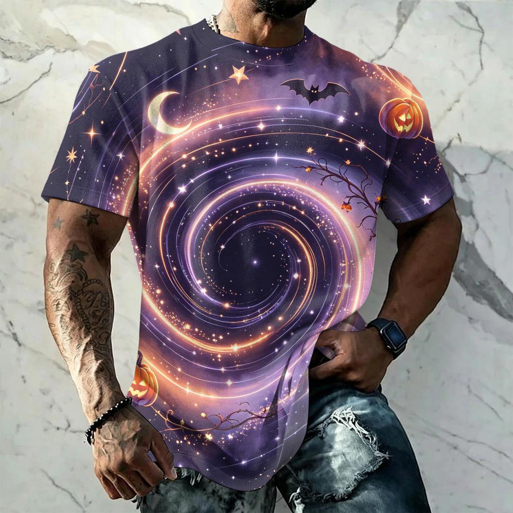 Men's Halloween Vintage Short Sleeve T Shirt Loose Fit Breathable Summer Sports Streetwear Casual Everyday Top with Pumpkin and Bat Print