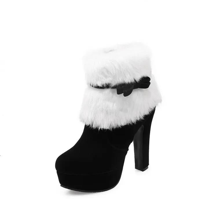 Fashion 2025 Winter New Women Fur Boots Waterproof Platform High Heel Thick Cotton Boots Bow Decorative Comfortable Christmas Red Botas