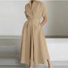 Women's Summer Long Dress Fashion Elegant Turn-down Collar Short Sleeve Casual Dress Women Solid Color A Line Elastic Waist Loose Female Dresses
