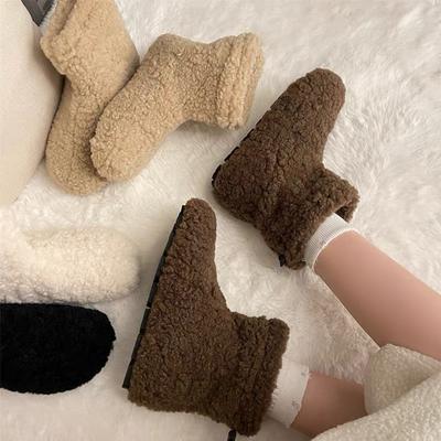 Botas de Cordero Suave de Moda para Mujer Estilo Coreano Invierno Grueso Piel de Oso de Peluche Botines Tobilleros para Dama Slip-on Cálidos Esponjosos Planos para Exteriores Zapatos de Algodón