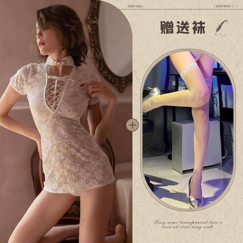 New sexy underwear women's lace temptation cheongsam sexy milk strap hollow short