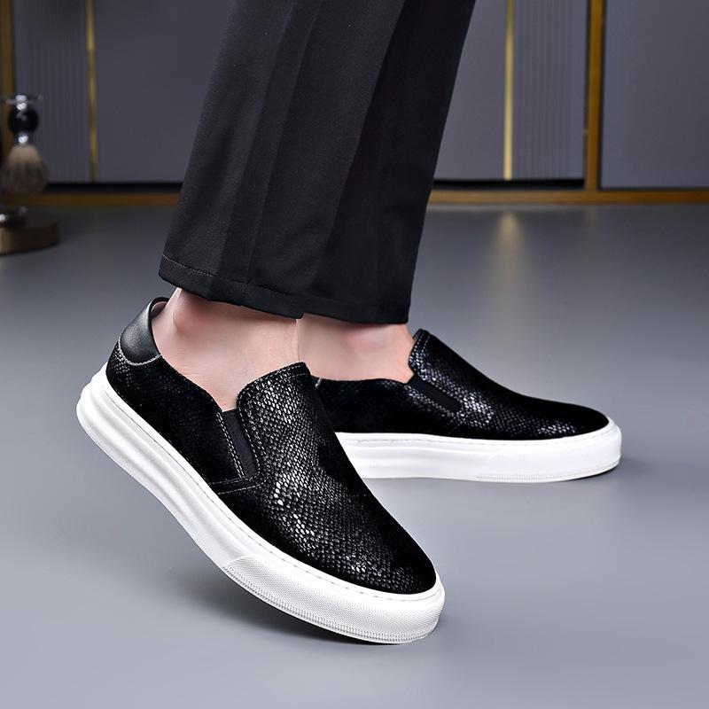 FashionSummer Breathable Board Shoes for Men Fashion Causal Black Cow Suede Loafers Male Black Leather Men's Platform Shoe