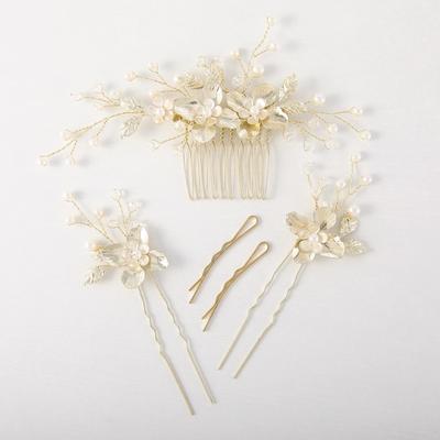 Famihot Hair Ornament Headpiece, Leaf and Flower Motif Comb with Pearl Hairpins, Set of 5, Hair Accessory for Weddings, Receptions, Graduation
