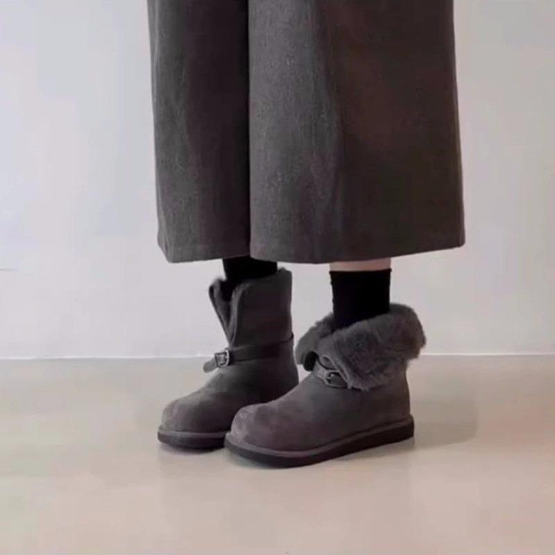Retro Cuffed Snow Boots Women's New Winter Versatile Fleece Warm Belt Buckle Fluffy Cotton Shoes