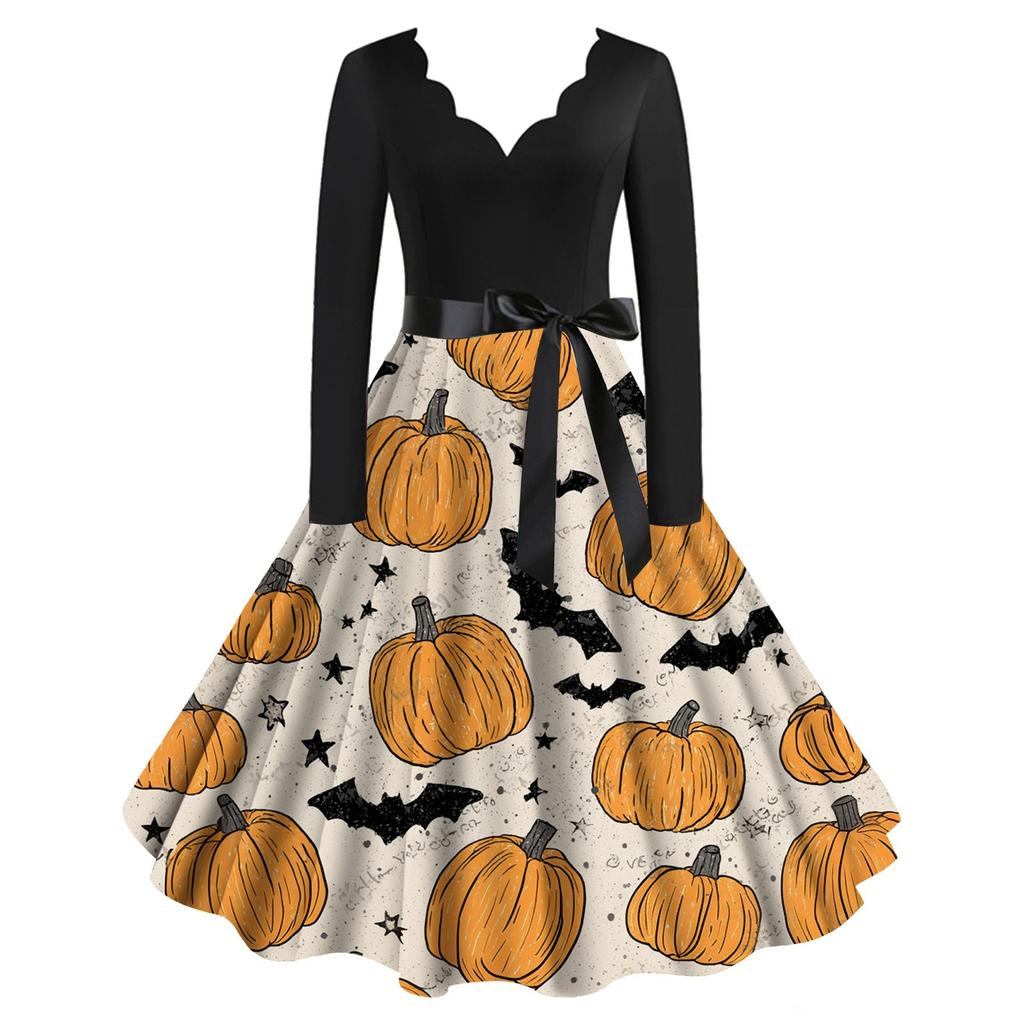 Halloween Print Flare Dress For Damer Langermet Kjole Fritidskjoler