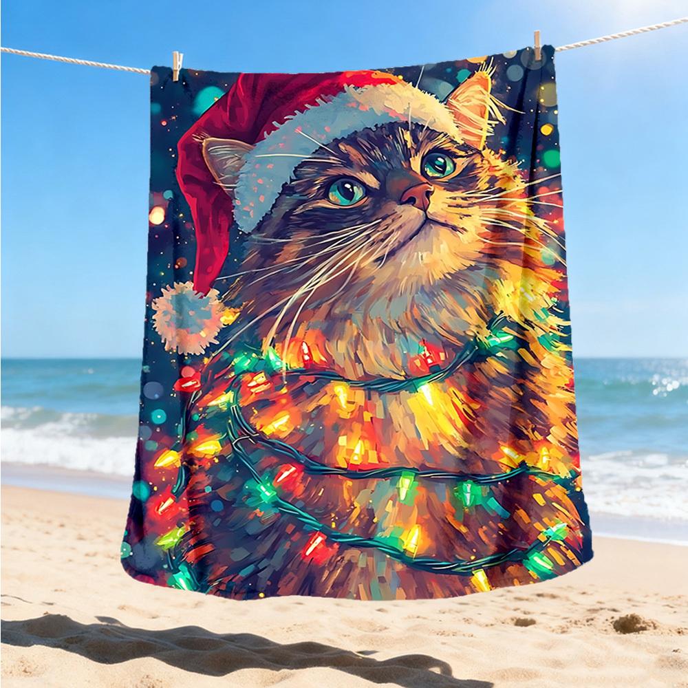 1pc Christmas Cat Outdoor Soft Polyester Flannel Throw Blanket Versatile for All Seasons , Soft , Cozy , Warm All Season Quilted Throw ,