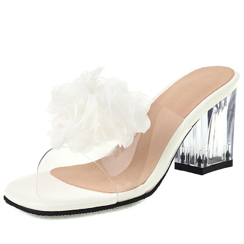 Clear Heels Women's Slippers Sweet Bowtied Summer Shoes PVC Transparent Sandals Women Yellow White Party Shoes Large Size 48
