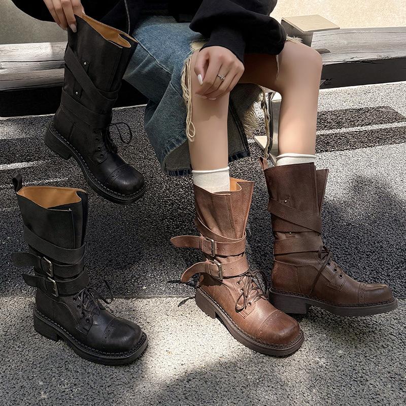 Leather Thick-soled Thick-heeled Polished Martin Boots Women's 2025 New Medium Tube Belt Buckle Locomotive Boots Single Boot Design Sense