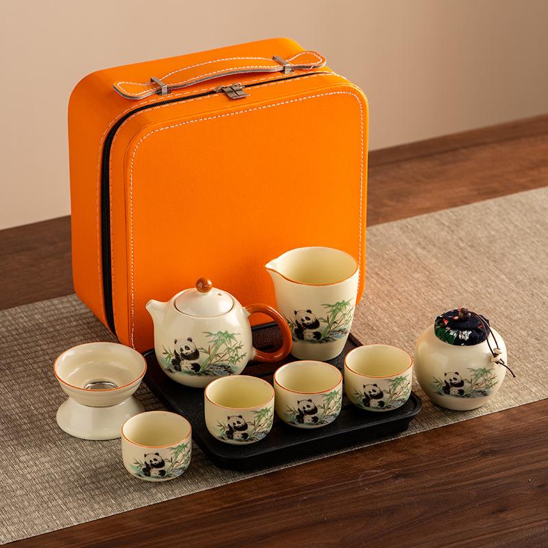 Guochao Open Film Ru Kiln Panda Kung Fu Travel Tea Set Teapot Teacup High-end Gift Box Business Companion Gift