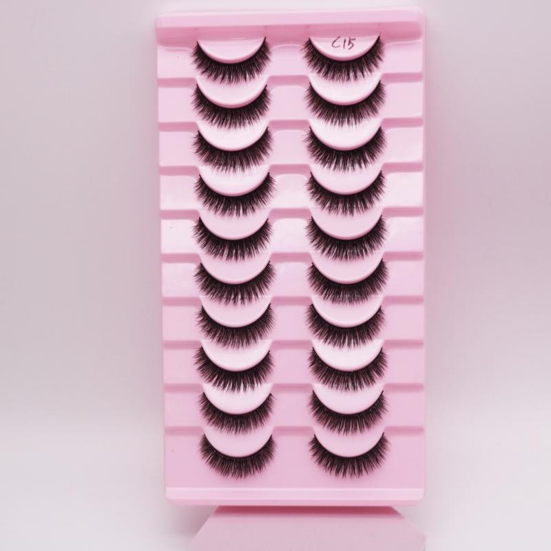 Low Price Glitter Lashes Natural Fluffy Half Lashes Faux Mink Korean Pbt Fiber 10 Pairs 12mm Mink Eyelashes