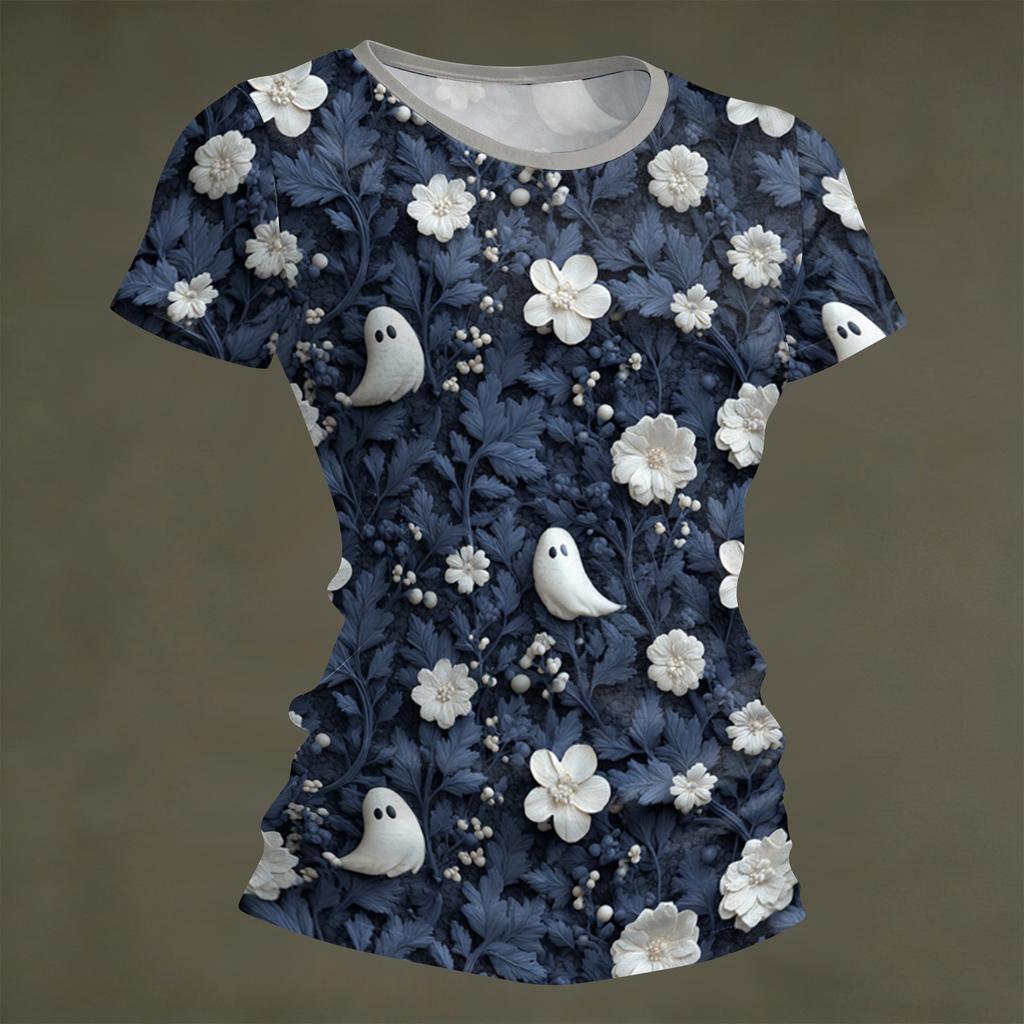 Damen Halloween Print Kurzarm Hals Locker Sitzendes T-Shirt für Party Freizeitkleidung