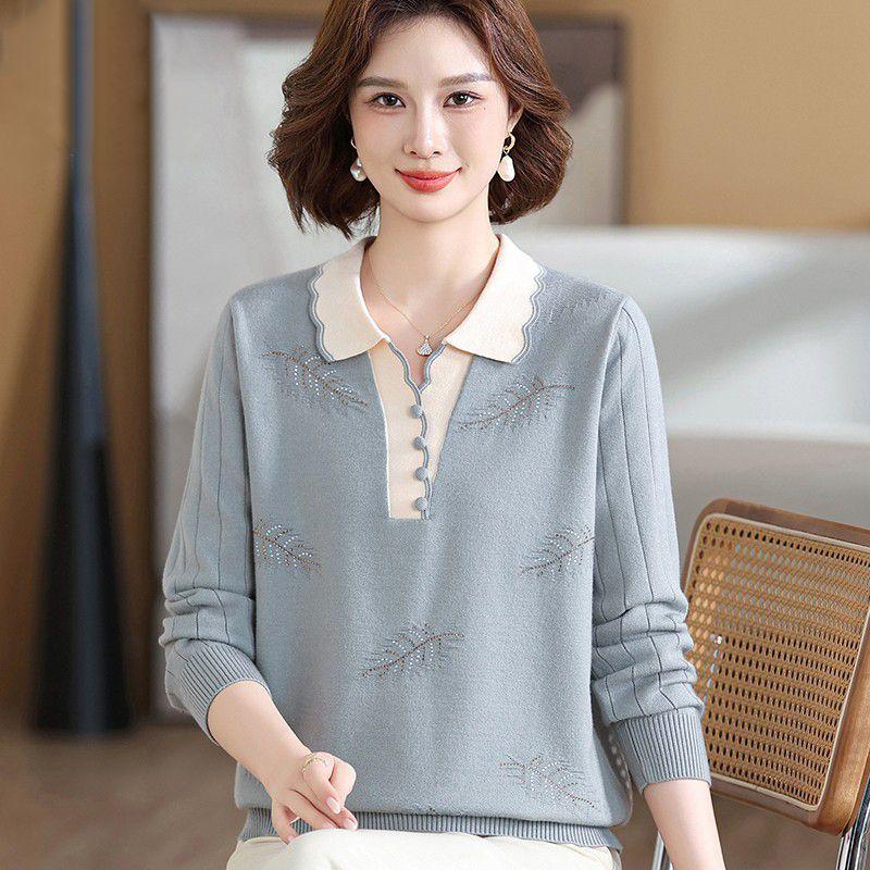 Women S Middle Aged Autumn Turn Down Collar Long Sleeve Knit Sweater Set