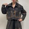 Personalized Trendy and Cool Printing Splicing Denim Fashion Suit Women's Autumn Old Loose Long-sleeved Jacket Harlan Pants Two-piece Set