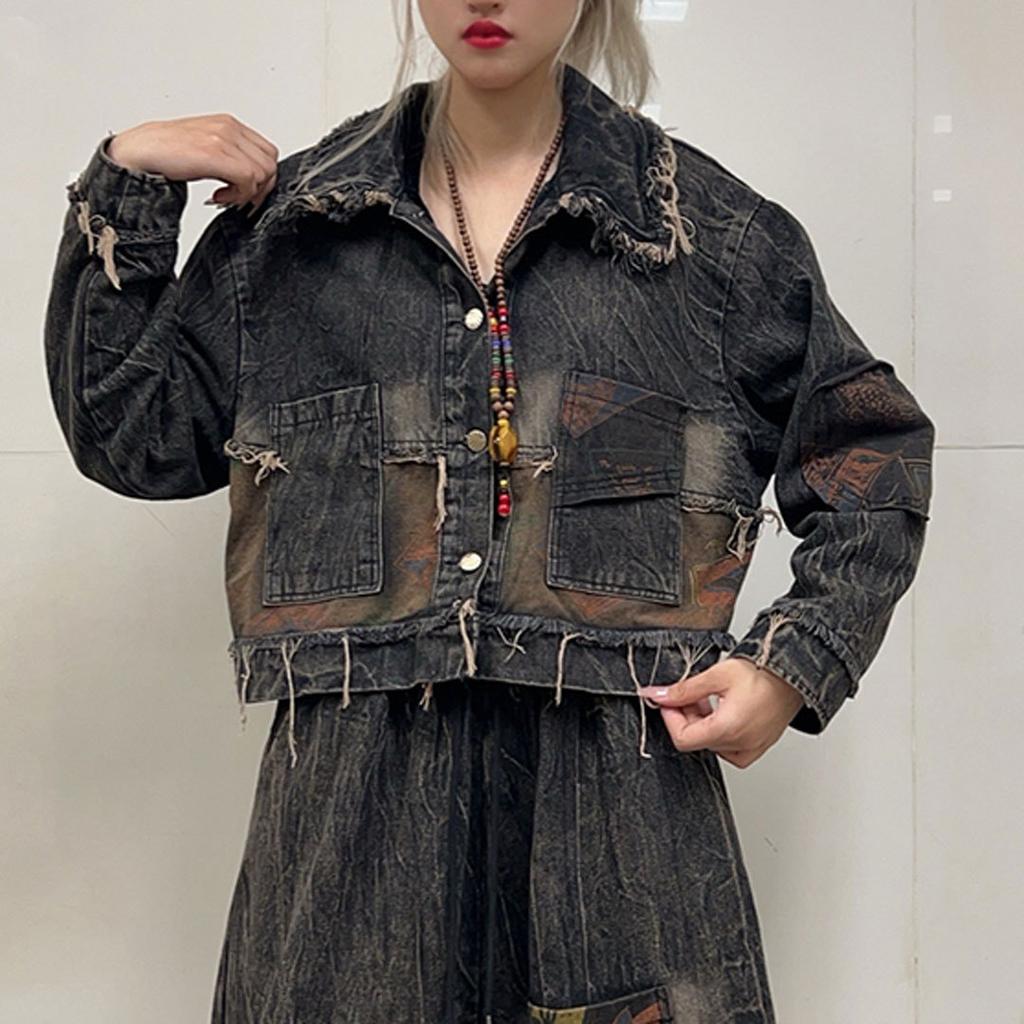 Personalized Trendy and Cool Printing Splicing Denim Fashion Suit Women's Autumn Old Loose Long-sleeved Jacket Harlan Pants Two-piece Set