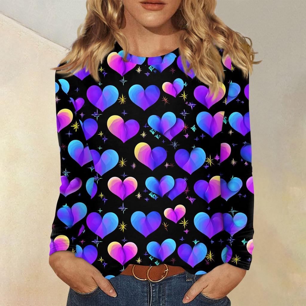 Damen Valentinstag Modisches Herzmuster Rundhals Langarm Pullover Top