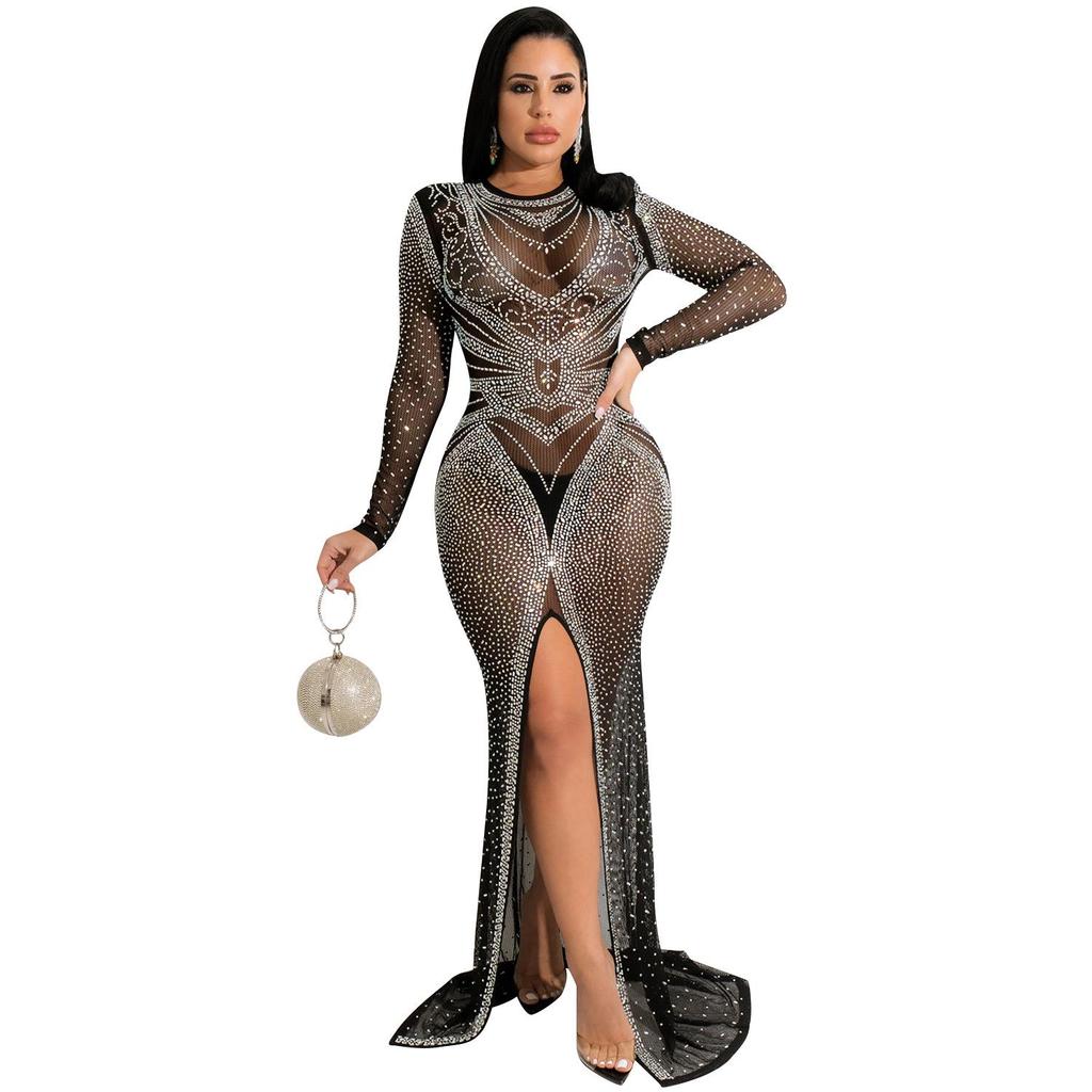 European & American Fashion Women's See-through Mesh Long Sleeve Slit Dress with Hot Drilling Details.