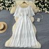French Sweet Fairy One-word Shoulder Hollow Embroidery Dress, Female Waist and Thin Temperament Holiday Style Knee-length Dress
