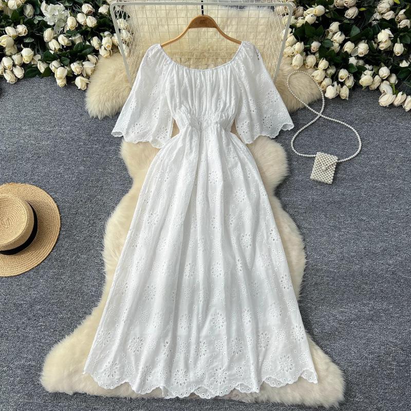 French Sweet Fairy One-word Shoulder Hollow Embroidery Dress, Female Waist and Thin Temperament Holiday Style Knee-length Dress