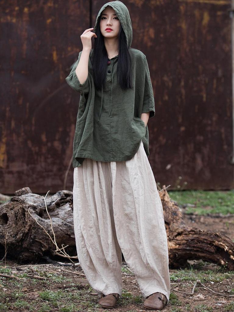 Women's Cotton Linen Hooded Frog Button T-shirt - Autumn/Winter Short Sleeve Sun Protection