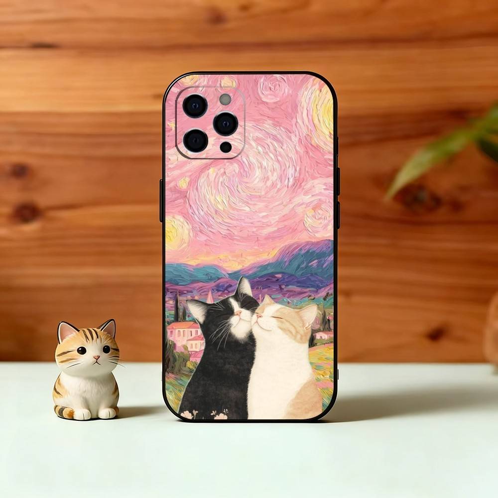 Pink Oil Painting Style Cat Phone Case For iPhone 17, 16,15,14,13,12,11 Plus,Pro Max, Others Soft Black Cover