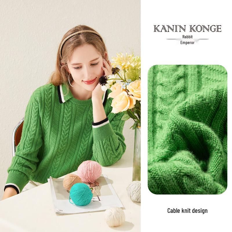 TUHUANG Women's Pure Wool Cable Knit Polo Sweater