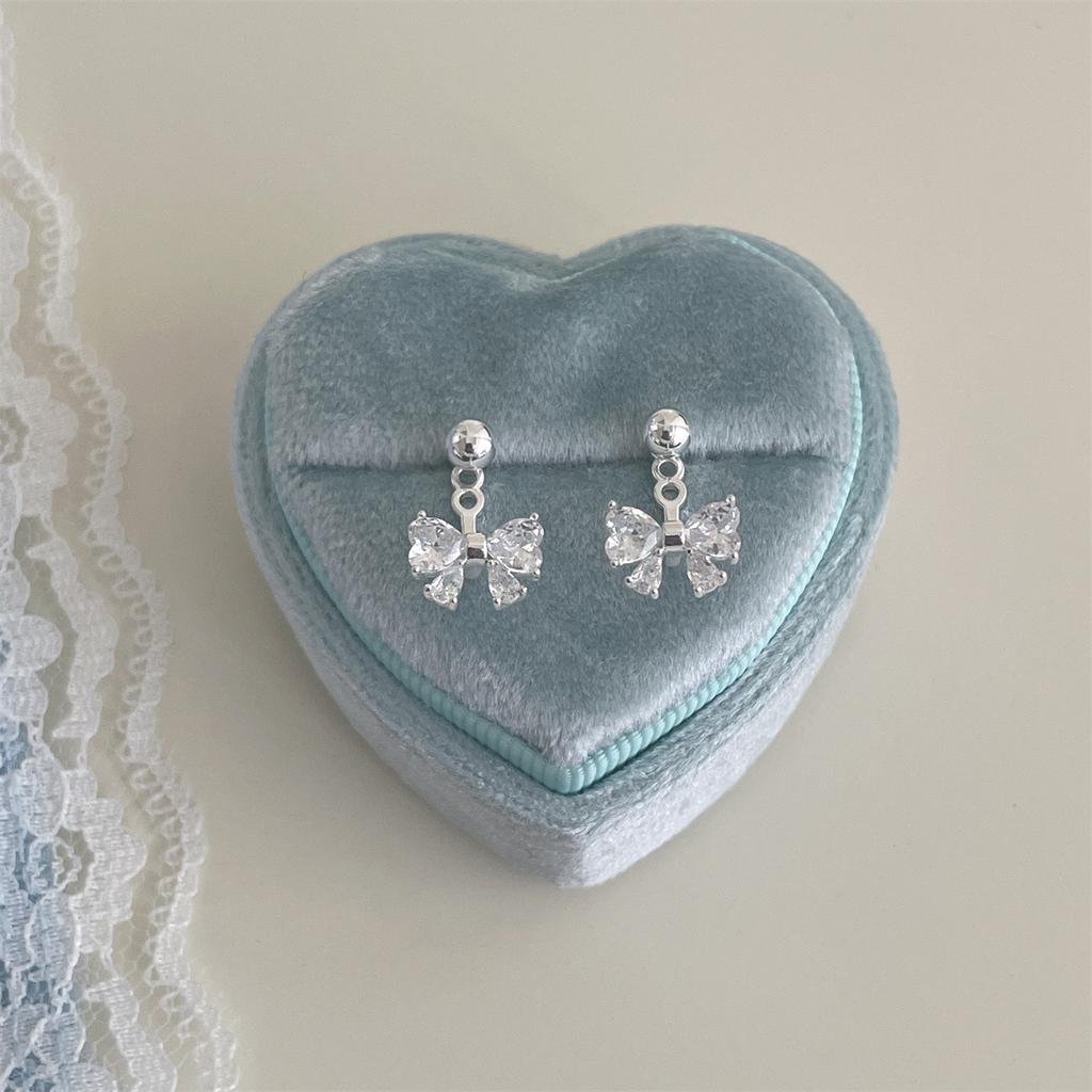925 Silver Needle Back-Hanging Zircon Bow Drop Earrings Women Exquisite Simple Heart-Shaped Trendy High-End Anniversary Earrings