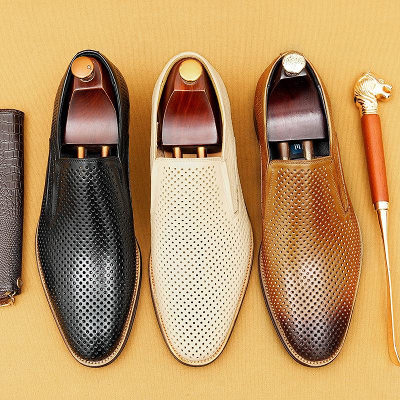 Pánské kožené boty Dutá kůže Pánské boty Letní Business One-pedal Boty pro volný čas Obuv s měkkou podrážkou Prodyšná