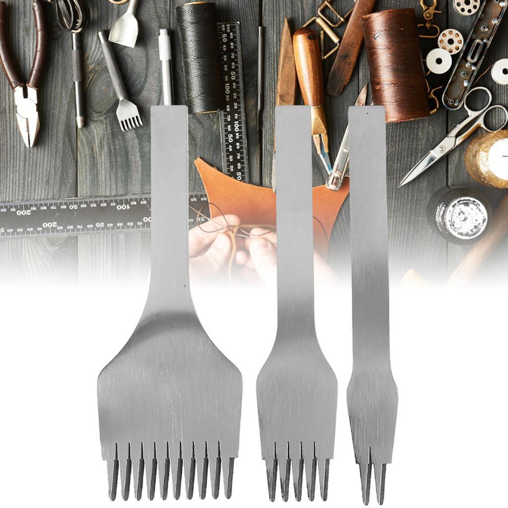 3ks Ocelové kožené dláto Děrování 2+5+10 hrotů DIY Ručně vyráběná kožená galanterie Sada nástrojů(3 mm 0,12 palce