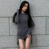 Pleated O-neck Long Sleeved Black Drawstring Spring and Autumn Sexy Tight Fitting Strap Mini Women's Dress